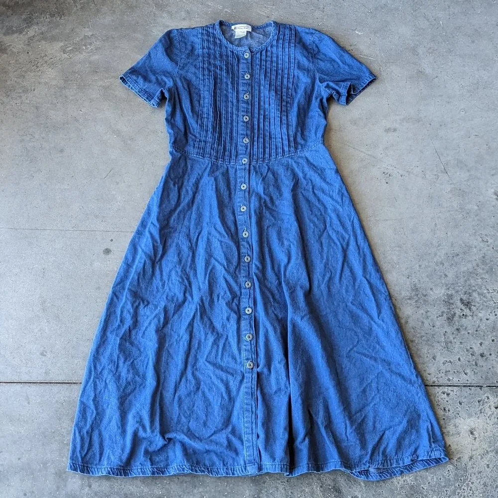 Vintage Talbots Blue Denim Pintuck Short Sleeve Midi Shirtdress size 8 - Picture 2 of 8